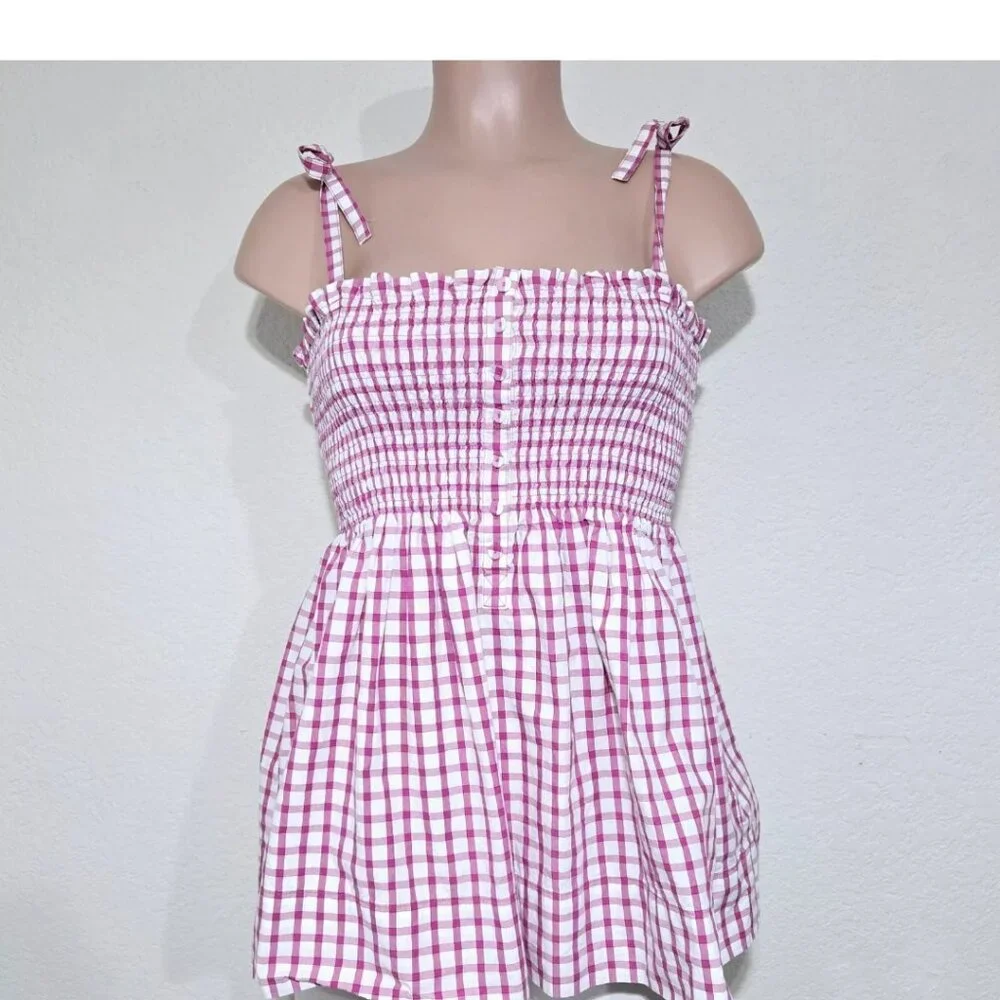 Liz Claiborne Smocked Tie Shoulder Top Pink White Plaid Checks Cami